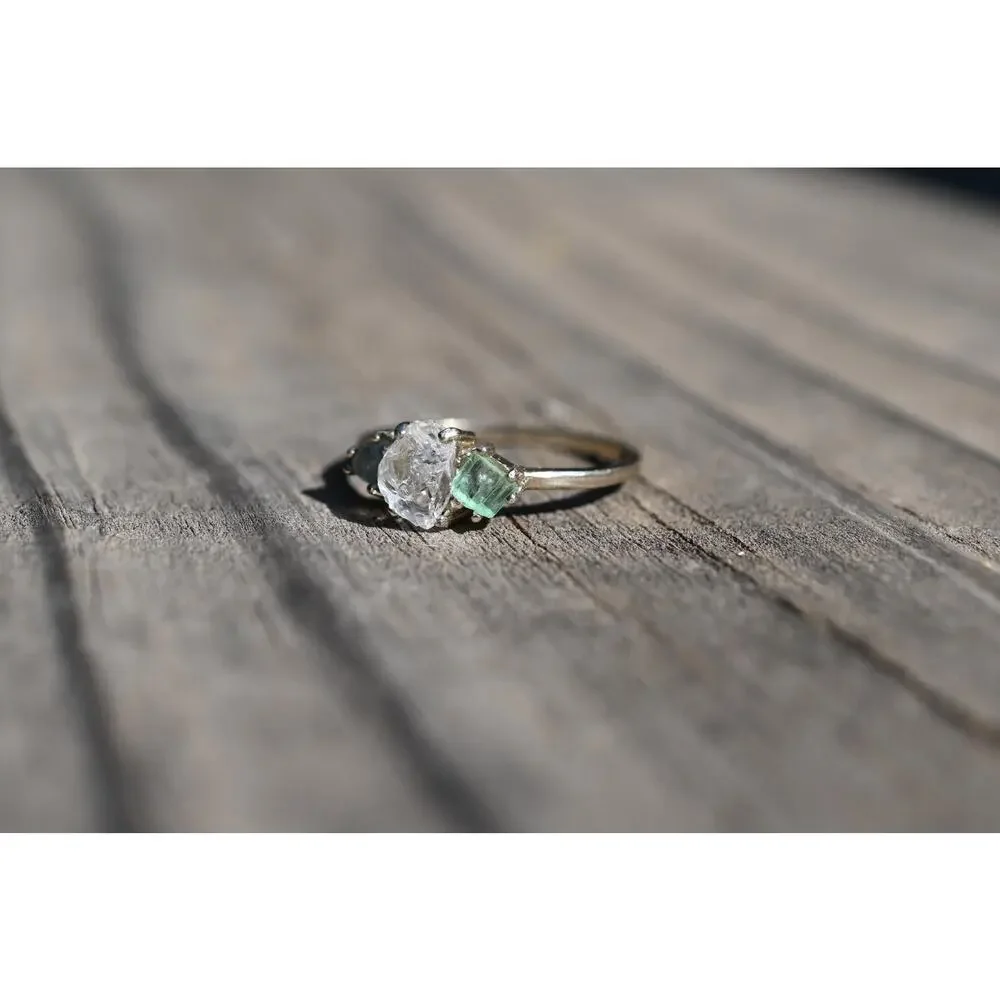 Emerald and Montana sapphire engagement ring 14k white gold size 12